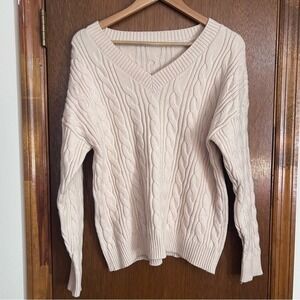 Unbranded Cable Knit V-Neck Sweater Cream Oversized Medium